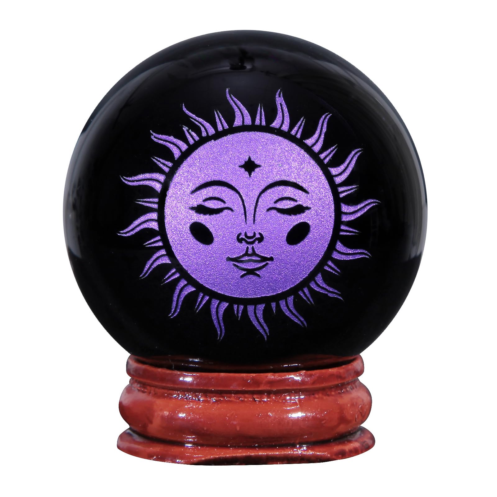 Nupuyai 1.9" Engraved Symbol Obsidian Crystal Ball with Stand, Polished Feng Shui Crystal Sphere Stone Ornament Home Office Decor, Sun God, Purple