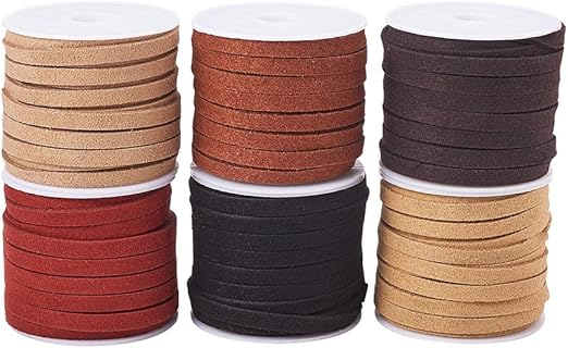 PandaHall Elite 6 Rolls 4mm Flat Micro Fiber Faux Leather Suede Cords Lace Velvet Beading String 5.5 Yard per Pack Jewelry Making 6 Colors