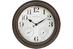 Presentime & Co. 26" Clifton in/Outdoor Farmhouse Clock with Thermometer & Hygrometer as All in One Weather Station, Farmhouse Wall Art and Timepiece for Home Decoration, Grey Oak Finish