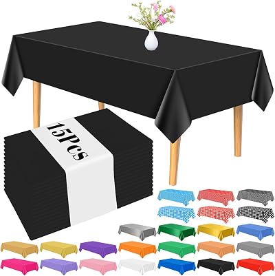 PLULON 15Pcs Black Plastic Table Cover 137 x 274 cm Rectangular Party Tablecloth