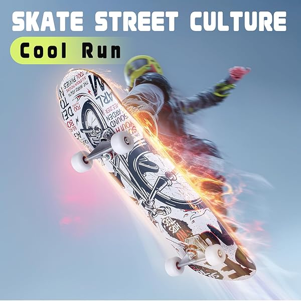 PROFESSIONAL DOUBLE KICK SKATEBOARD, 31 INCH MAPLE DECK, ABEC-9 BEARINGS, 95A PU WHEELS, CUSTOM GRAPHIC DESIGN (BICYCLE, 31IN)