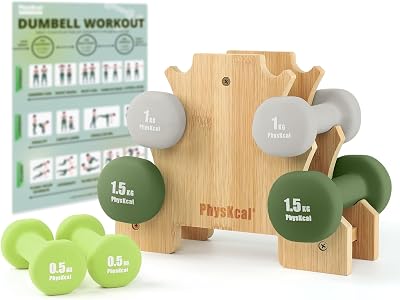 PhysKcal Dumbbells Set of 6 with Bamboo Stand 0.5/1/1.5 kg Home Gym