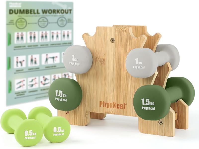 PhysKcal Dumbbells Set of 6 with Bamboo Stand 0.5/1/1.5 kg Home Gym