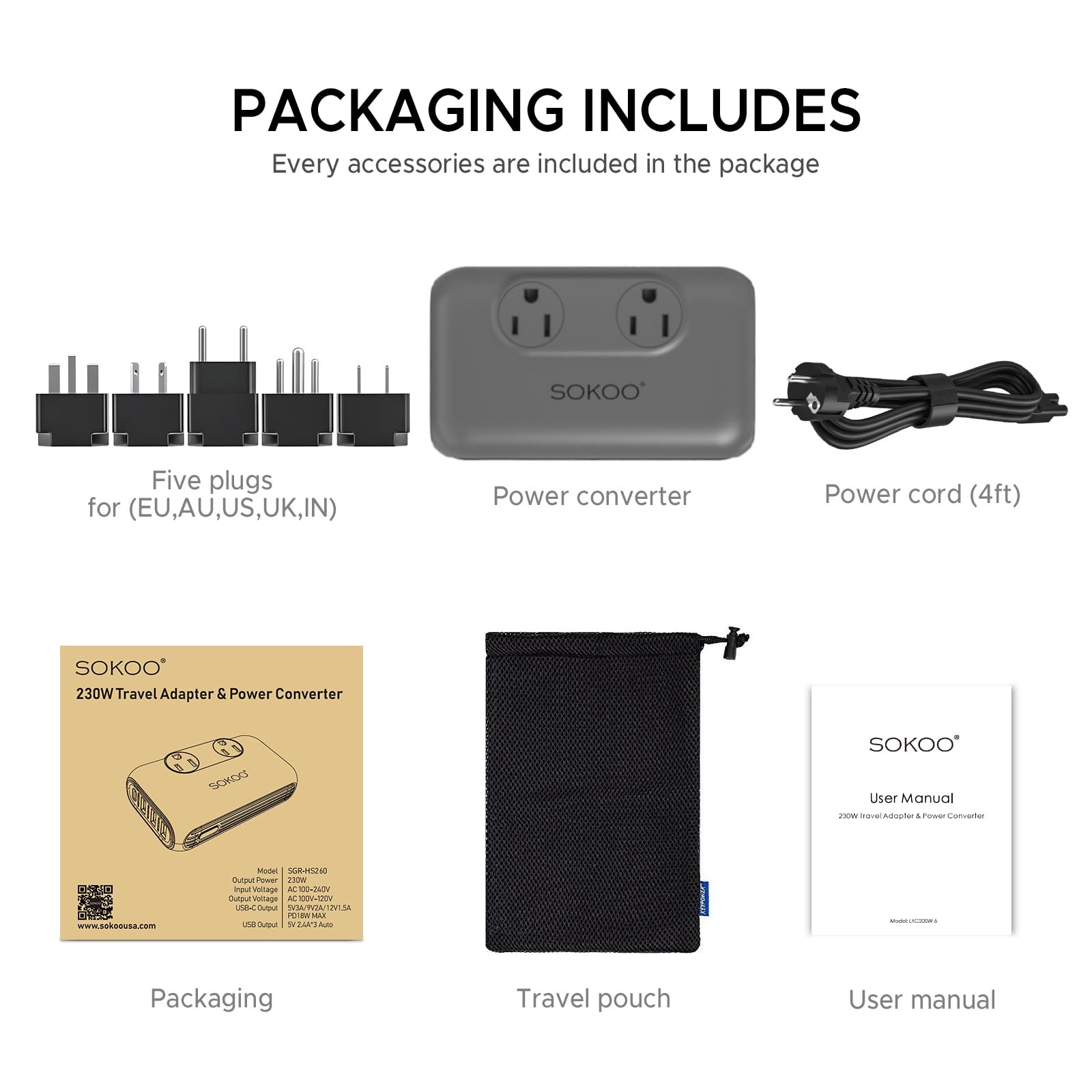 SOKOO 230-Watt Step Down 100-220V to 110V Voltage Converter, International Power Converter/Travel Adapter- Use for EU/UK/AU/US/India More Than 150 Countries, USB Quick Charger 3.0 Grey