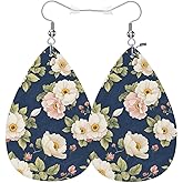 Vosach White Floral Leather Teardrop Hook Earrings Retro Wild Flower Peony Daisy Elegant Earrings For Women Friends Dangle Earrings