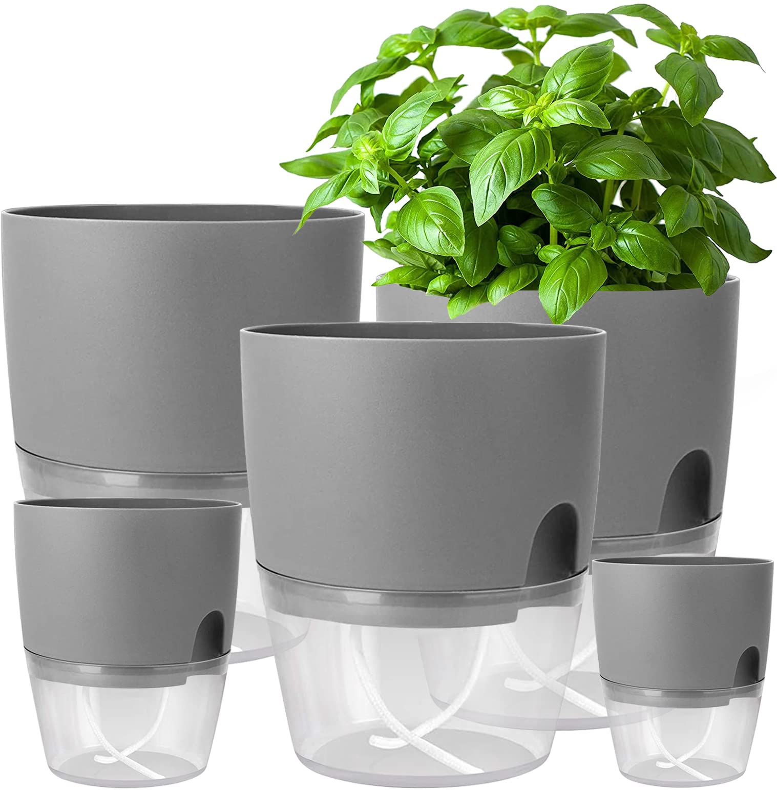 iDattel Plastic Plant Pots Indoor,15.3/10.5/8.2 cm Self Watering Plant Pots 5 Pack,Flower Pot Modern Decorative Plastic Planter with Extra Large Water Storage for All House Plants,Herbs(Gray)