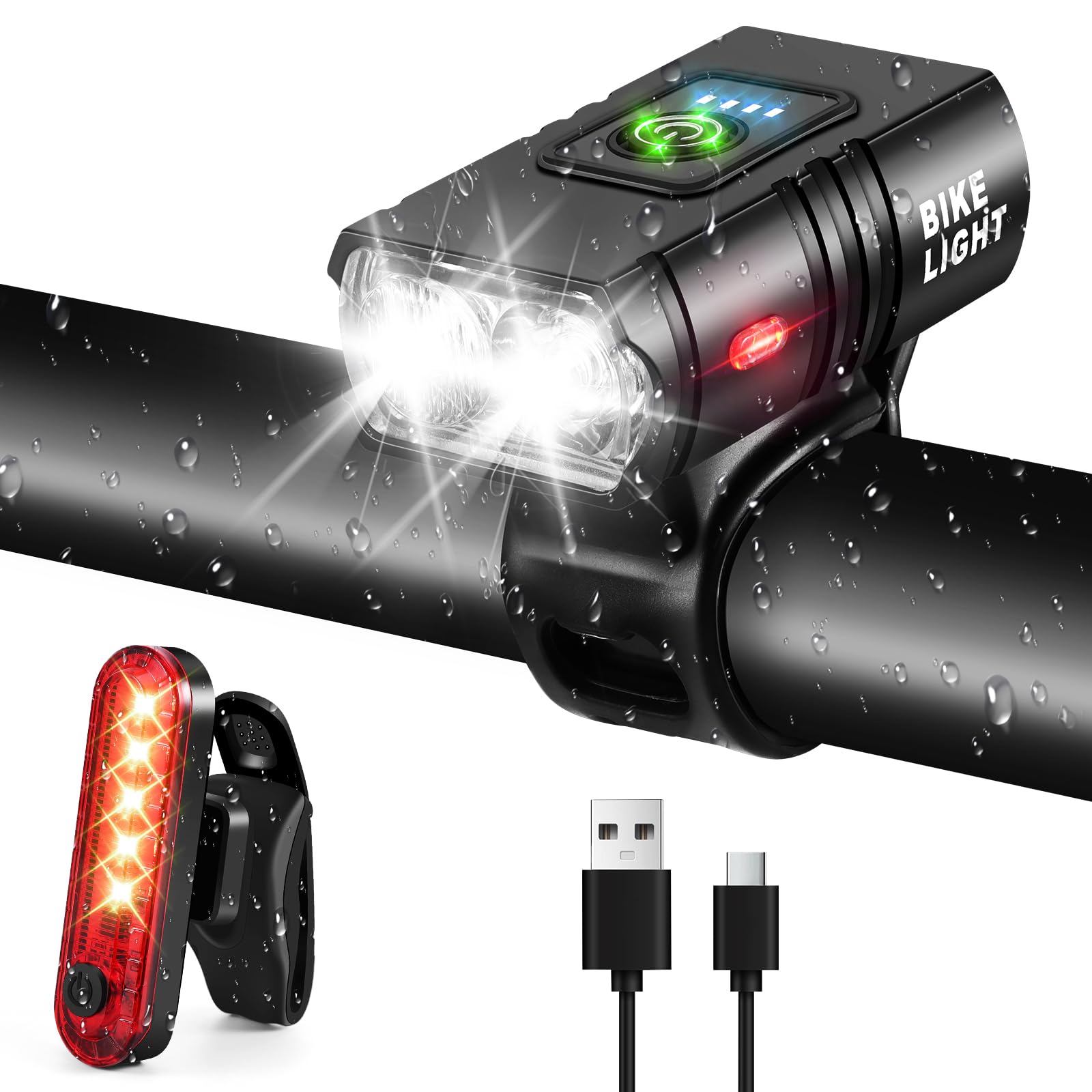 SUNJULY Super Bright Bike Lights, Front and Back, 6 Light Modes, IPX5 Waterproof, USB Rechargeable, Easy to Install Mountain Bikes