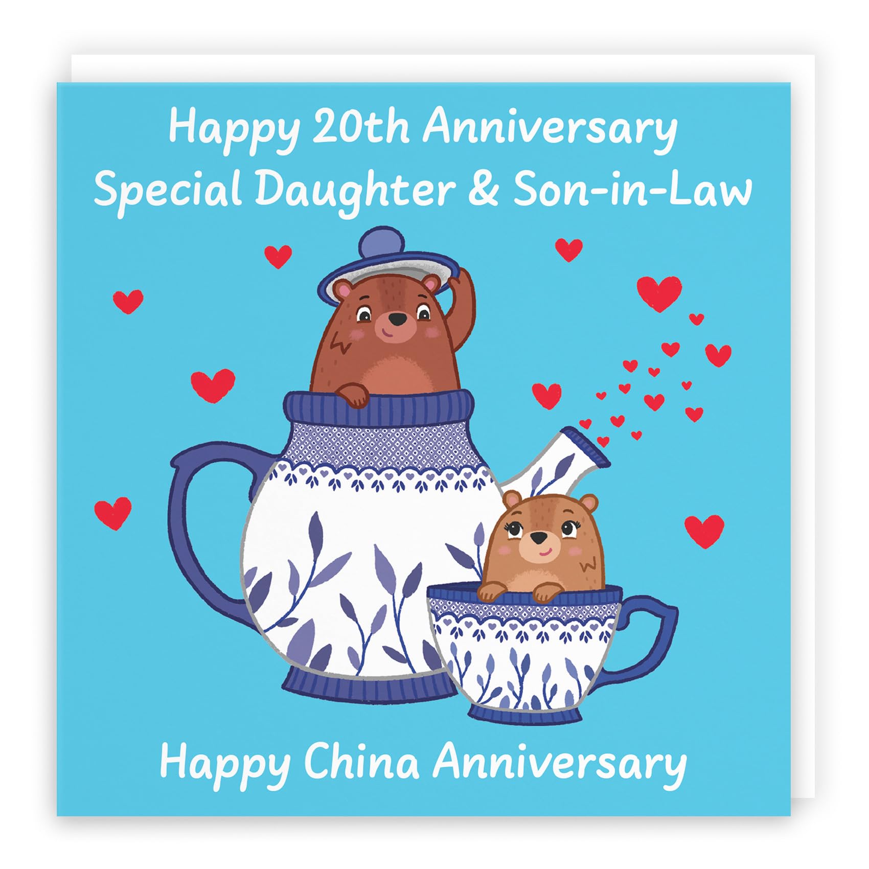 Hunts England - Daughter And Son In Law 20th Anniversary Card - China Anniversary - 20 Years - Cute Fun Bears Card For Daughter & Son-in-Law - Love Story Collection