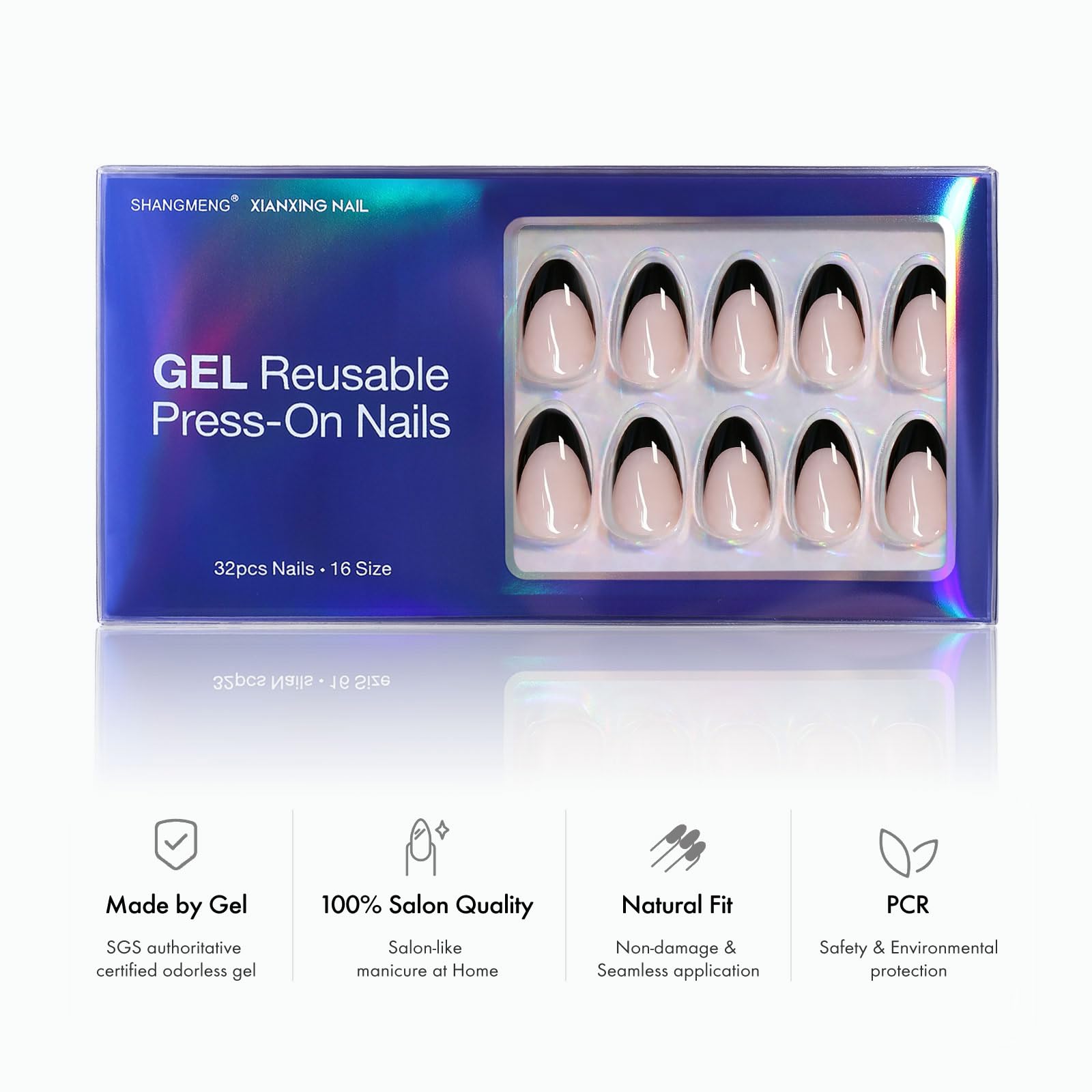 SHANGMENG Black French Tip Press on Nails Almond for Women Gift - Soft Gel Press on Nails Short with Glue, Fit Perfectly & Natural Glue on Nails in 16 Sizes - 32 Reusable Fake Nails, French Black - Image 4