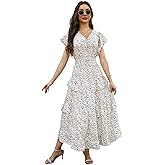 Womens Summer Floral Dress 2025 V Neck Short Sleeve Chiffon Boho Flowy Beach Casual Maxi Long Dresses for Women