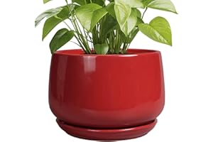 G EPGardening Ceramic Plant Pots - 9 Inch Flower pots for Indoor Outdoor Plant, Round Planter with Drainage and Saucer, Modern Home Decor, Gift for Women Men, Red