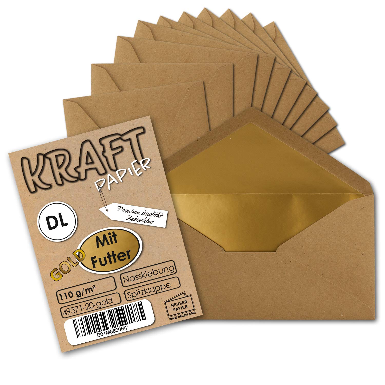 Gold Lined Vintage Envelopes DIN Long (C6/5) 114 x 229 mm Kraft Paper Brown Recycled Wet Adhesive I Environment by Gustav Neuser 50 Umschläge DL mit Gold-Futter