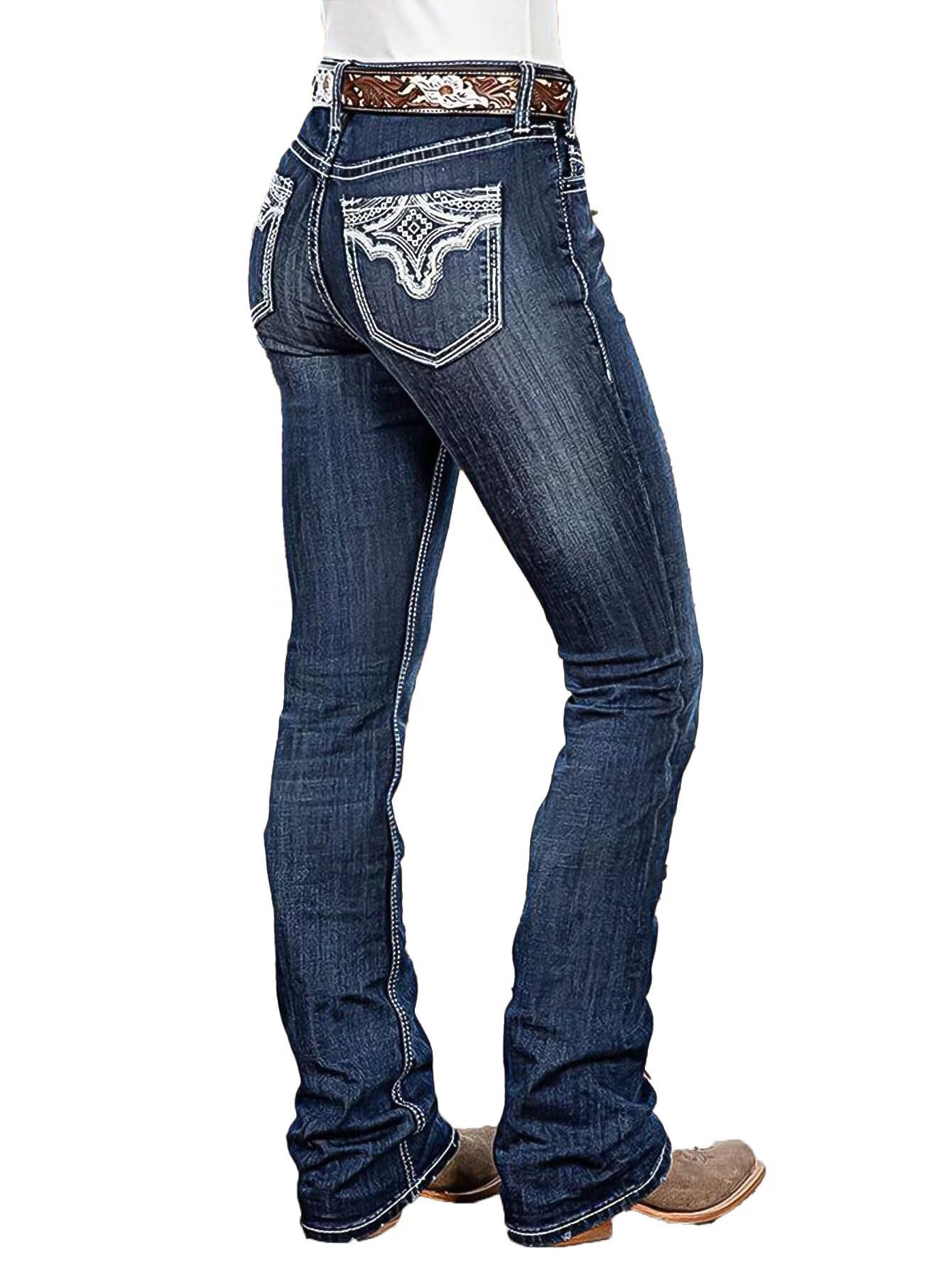Photo 1 of Flamingals Bootcut Jeans for Women Mid Rise Stretchy Skinny Jeans Trendy Wash Button Fly Vintage Denim Jeans Without Belt Navy Blue 2XL