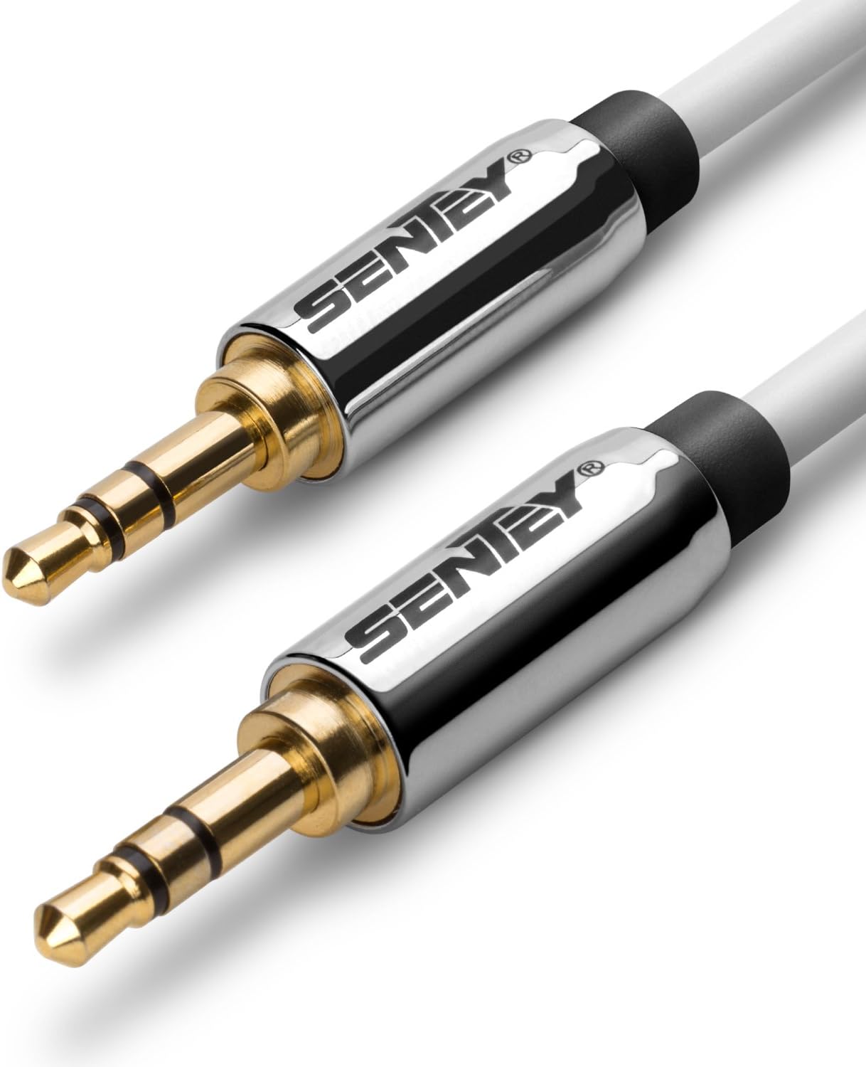Sentey LS-6611 White Audio Stereo Cable 5ft, 3.5mm Male to Male Aux Cable, Premium Metal Connector and Shell Audiophile Grade, PVC Tangle-Free Material for Headphones, Headsets, Smartphones and More.