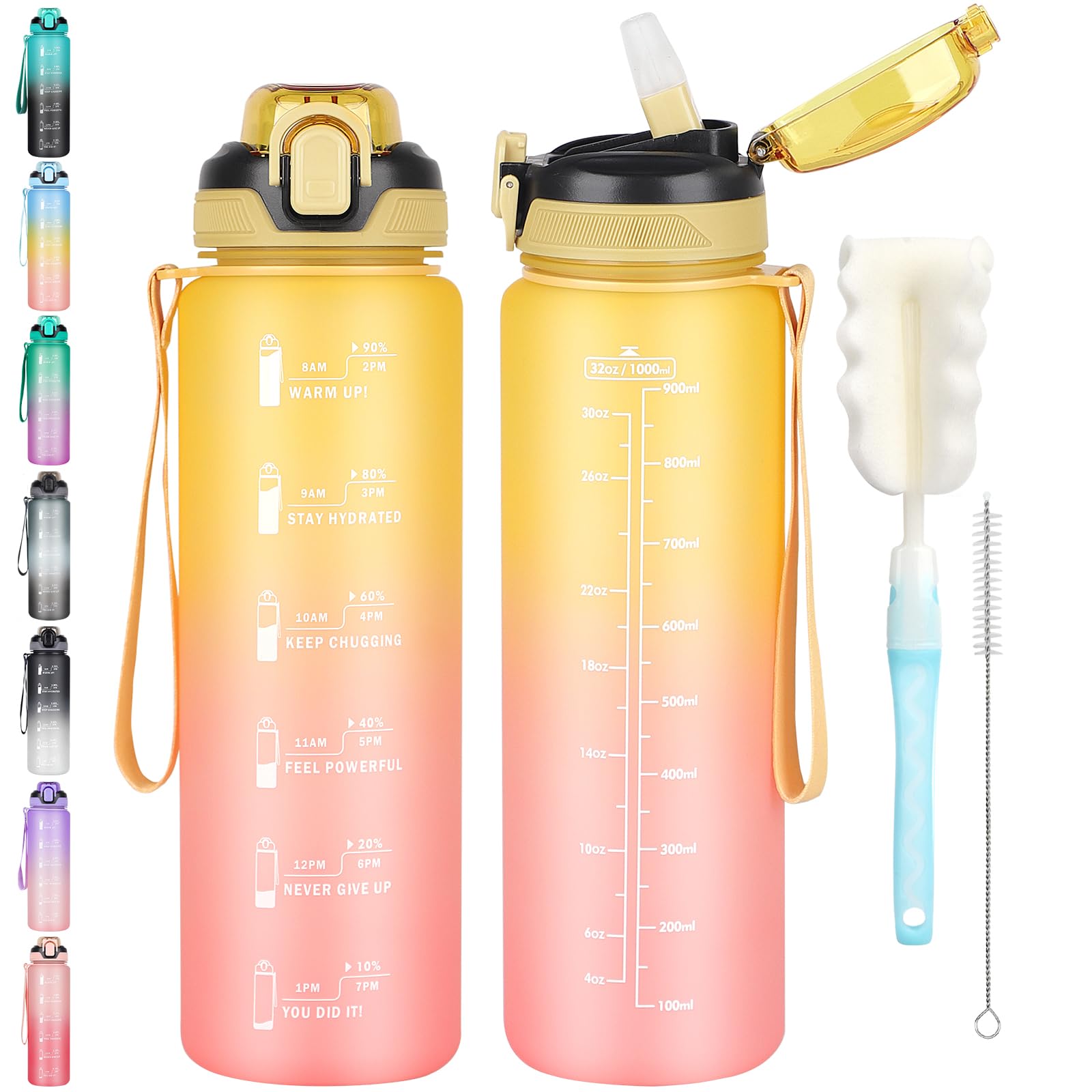 CodiCile 1L Water Bottle with Straw,Water Bottle Dishwasher Safe,Leak-proof Sports Drinks Bottle with Time Maker & Bottle Brush,Non-Toxic for Running,cycling, Gym, School & Office,Yellow Pink