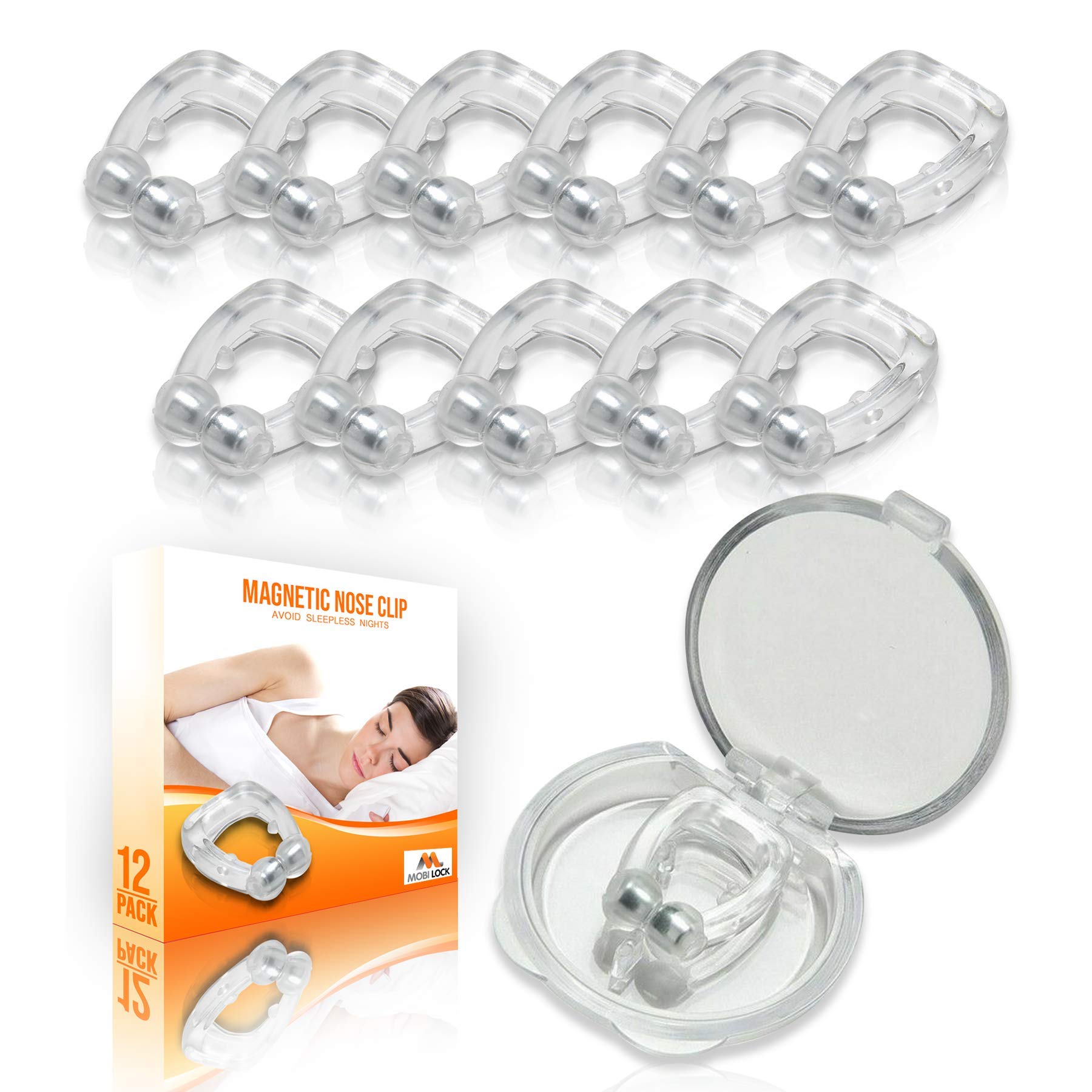 Mobi Lock Pack of 12 Magnetic Anti-Snore Clips - Silicone Nose Clips - Reusable Snoring Solution for Nasal Snorers - Enjoy a More Peaceful Night's Sleep