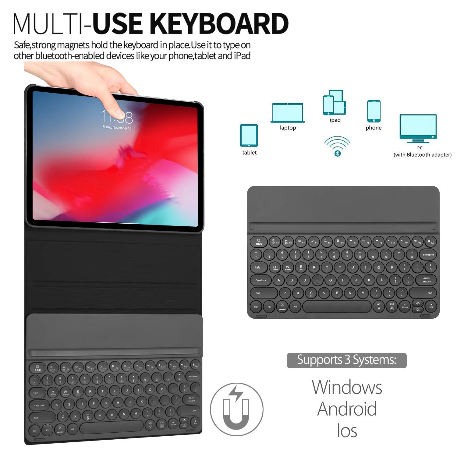 iPad Pro 12.9 2018-3rd Gen Case with Keyboard [Support Apple Pencil Charging] - Soft Rubber Case - Magnetically Detachable Wireless Backlit Keyboard for iPad Pro 12.9 2018 (Not for 2017/2015), Black