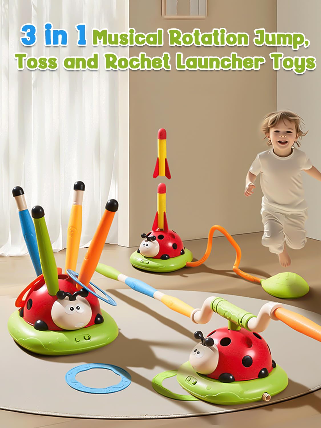 Kssvzz 3 in 1 Spiele für Kinder, Raketen Spielzeug, Seilspringmaschine Kinder, Ringwurfspiel für Kinders, Schaumraketen Launcher, Sport & Outdoor-Spielzeug für 3 4 5 6 7 8 9 Jahre 2