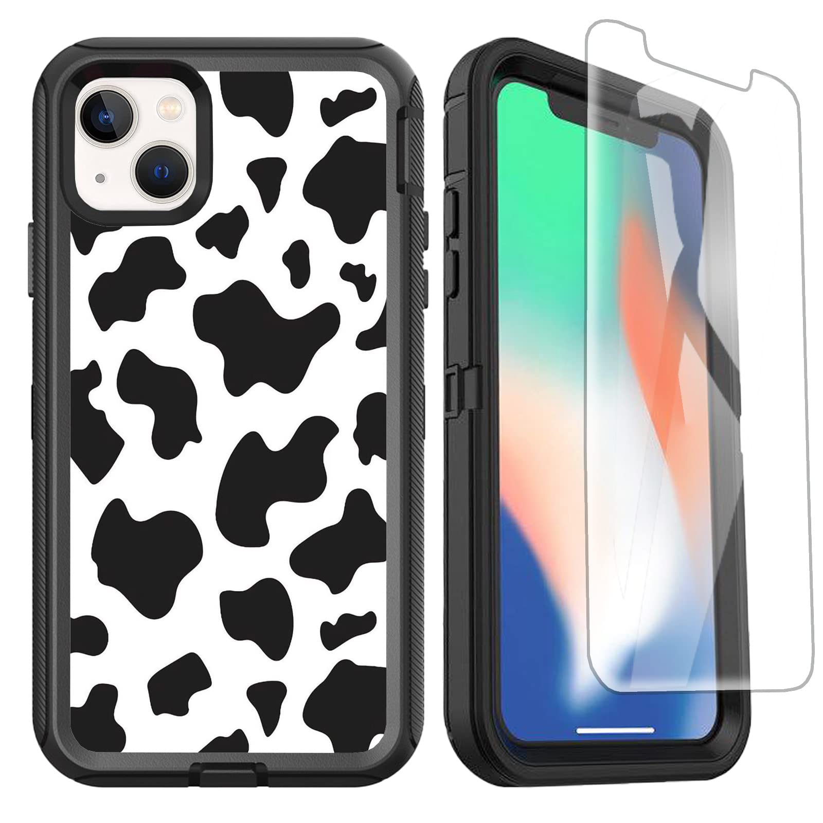 OTTARTAKS Compatible for iPhone 14 13 Case with Screen Protector for Women Girls Cute Luxury Cow Print Heavy Duty Shockproof Protective Phone Case for iPhone 13/14 6.1inch