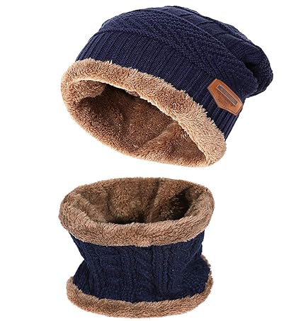 Momoon Dicke Beanie Hut +Schal Set Winter Warmen Schnee Knit Skull Cap für Kinder Jungen Mädchen(Suitable for 6-14