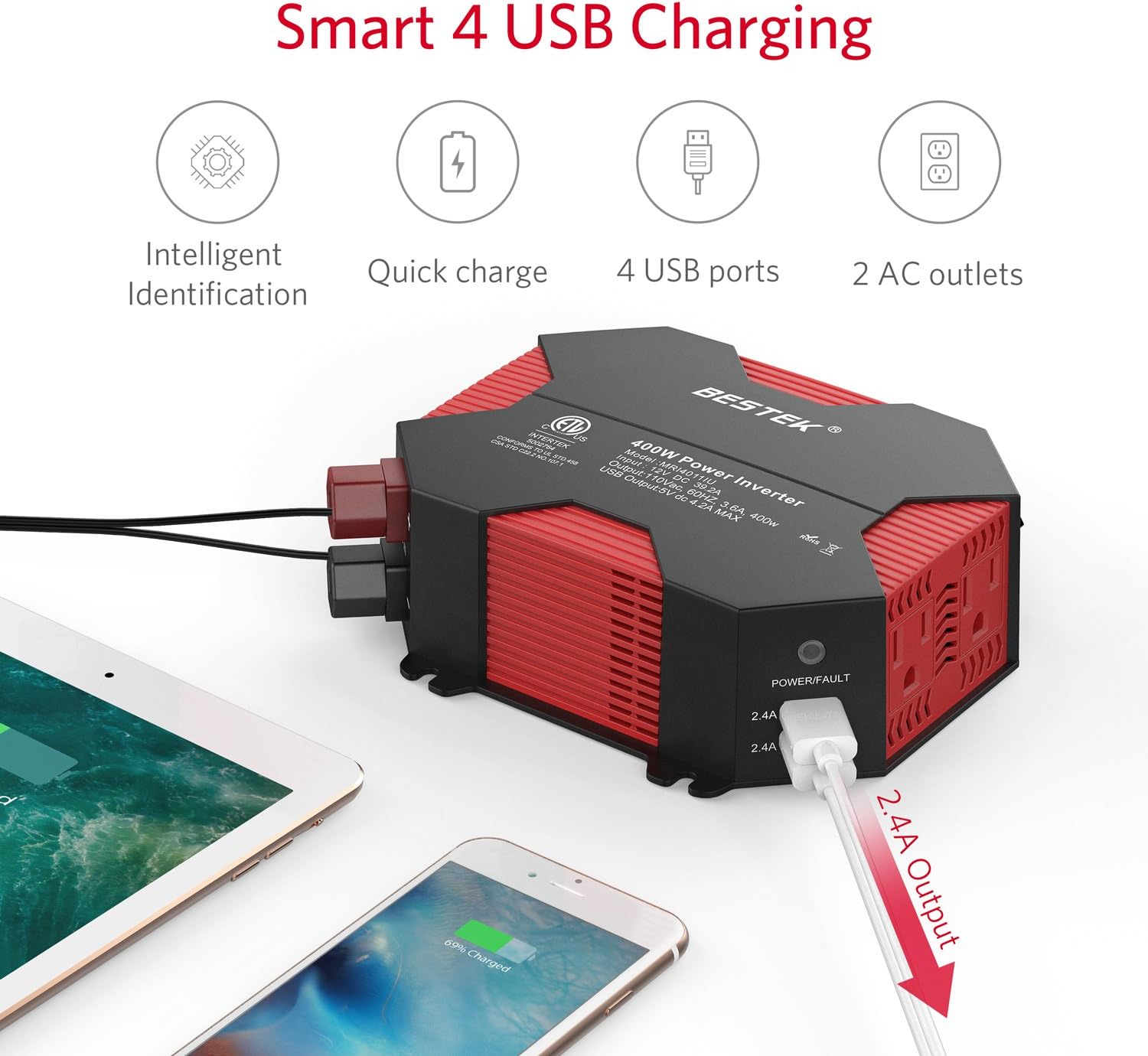 BESTEK 400W Car Power Inverter DC 12V to AC 110V Car Adapter with 5A 4 USB Charging Ports: Automotive