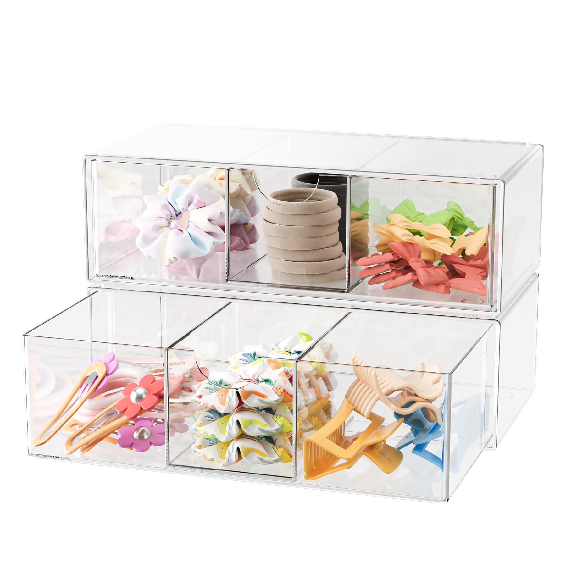 Photo 1 of JDOTL Hair Accessories Organizer for Girls, Clear Acrylic Hair Bow Tie Clip Scrunchie Holder with Divider, Cute Small Stackable Storage Drawer Container Caddy Box for Bathroom Vanity Countertop, 2Pcs
