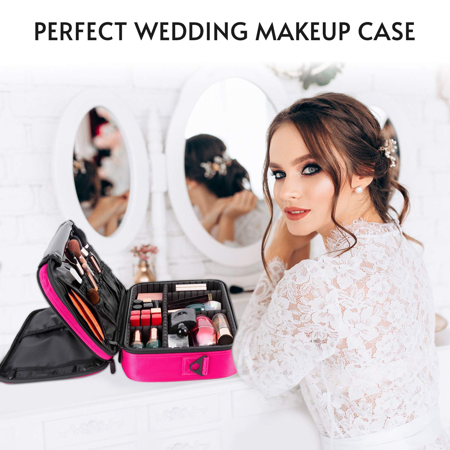 Makeup Train Case 6 Layer Waterproof Large Capacity Travel Cosmetic Case with Shoulder Strap, Portable Makeup Box Storage Organizer with Removable Dividers for Brushes Accessories Daily Use : Beauty