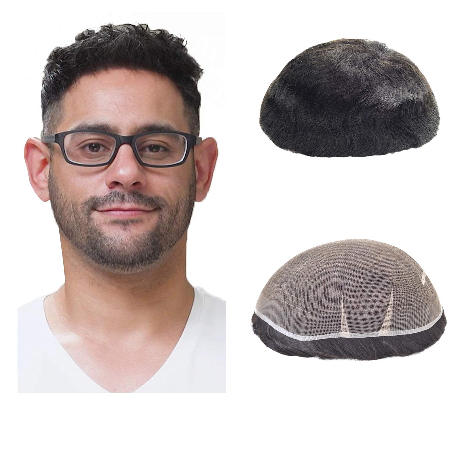 Lordhair Men's Toupee Full French Lace Hair Replacement System, Base Size 8x10 Inch Light Medium Density Hairpiece for Hair Loss Men