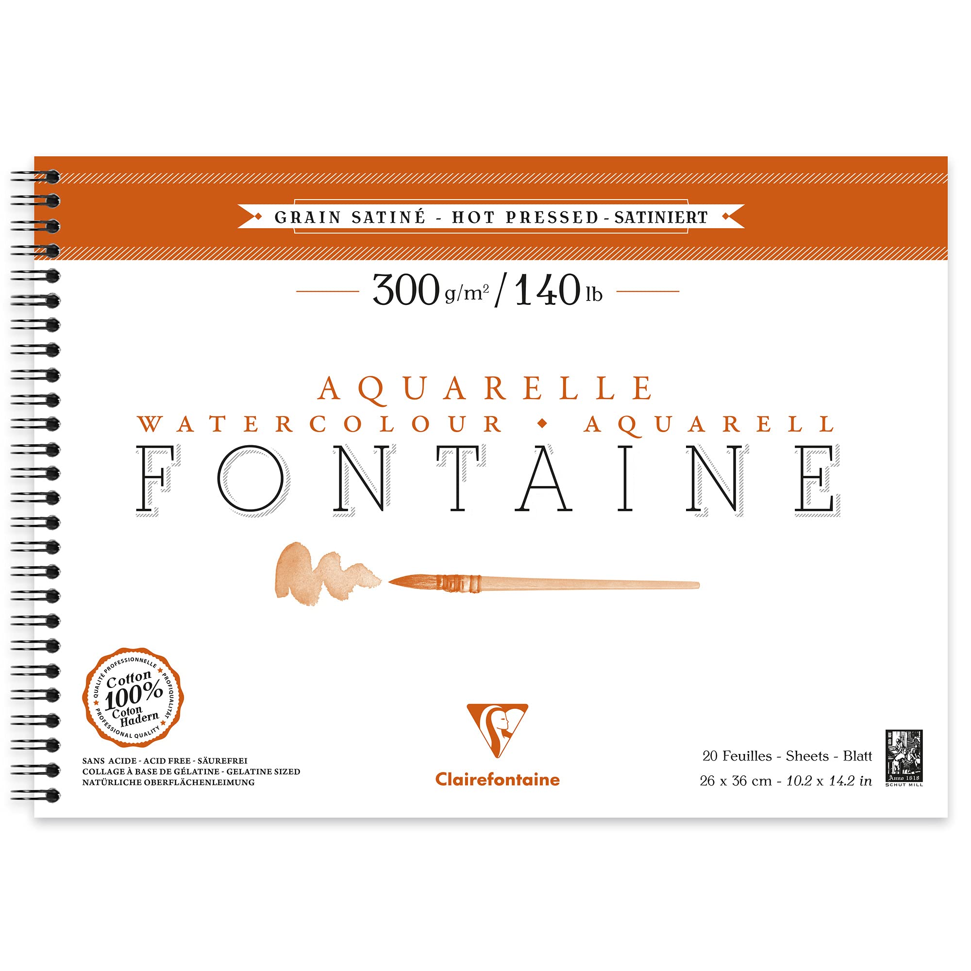 Clairefontaine - Ref 96353C - Fontaine Hot Pressed Watercolour Wirebound Pad (12 Sheets) - 26 x 36cm Size, 300gsm Paper - Suitable for Watercolour Artwork