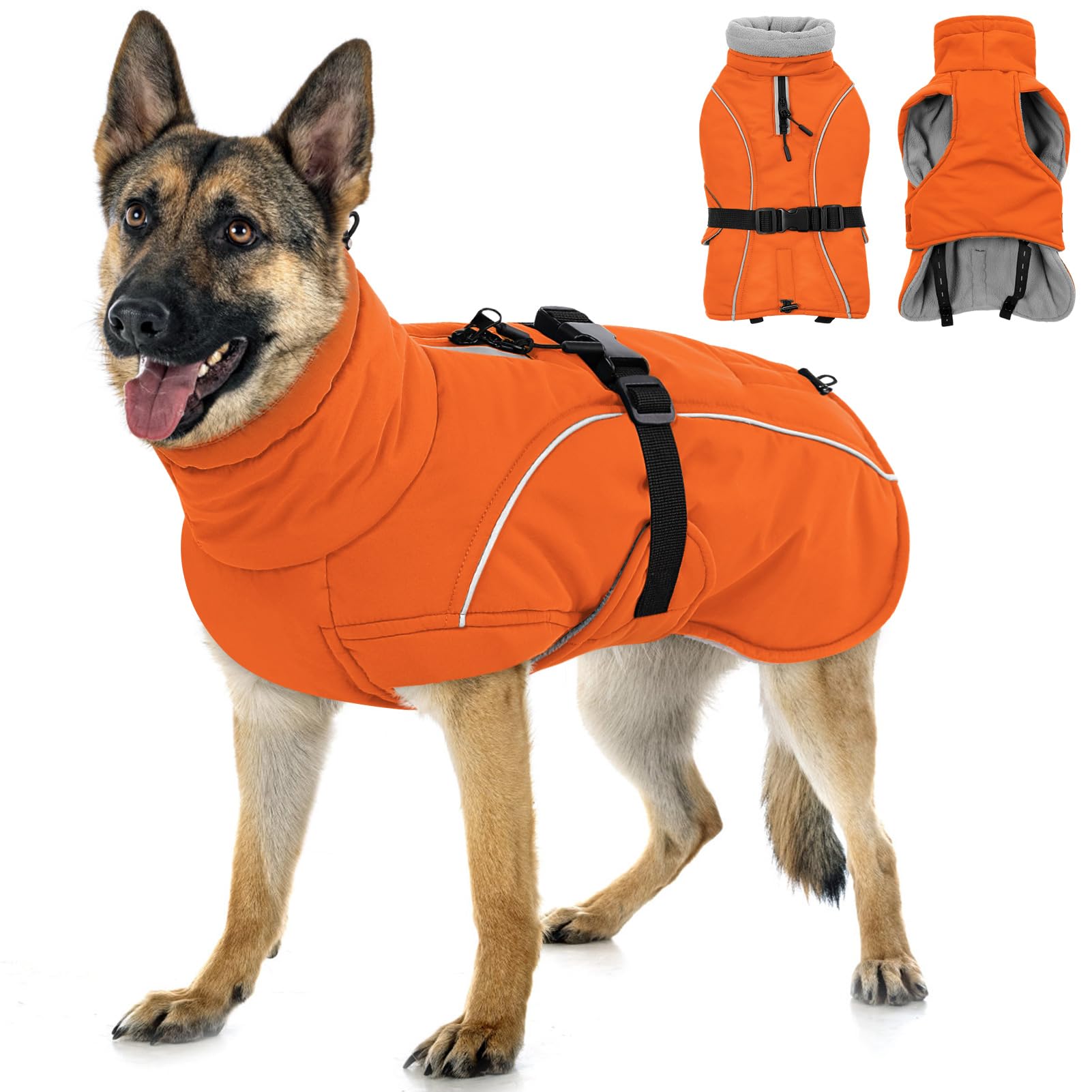 Photo 1 of Queenmore Winter Dog Coat Warm Dog Jacket Vest Waterproof Puffer Fleece Snowsuit Adjustable Buckle Leash Hole Reflective Cold Weather Parka for Small Medium Large Dogs Girl Boy Orange L