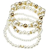 Gold And White Pearls Bracelet Layered Pearl Stretch Bracelets Set For Women Simulated Pearl Beaded Bracelet With White Pearls Stackable Stretch Bracelet Multilayered Elastic Pearls Bracelets