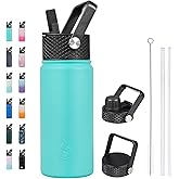 BJPKPK Insulated Water Bottles with Straw Lid, 18oz Stainless Steel Metal Water Bottle, Cold Hot Thermo with 3 Lids, Leak Proof BPA Free Travel Cup, Wide Mouth Flasks, Thermo-Turquoise