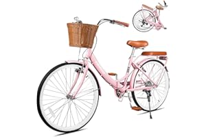 kaiwrxin 26 Inch Folding Beach Cruiser Bike for Women, 7-Speed Ladies Bike with Basket & Rack, Perfect for City Commuting's Bicycle, Ideal for Women and Adults (Pink, 26")