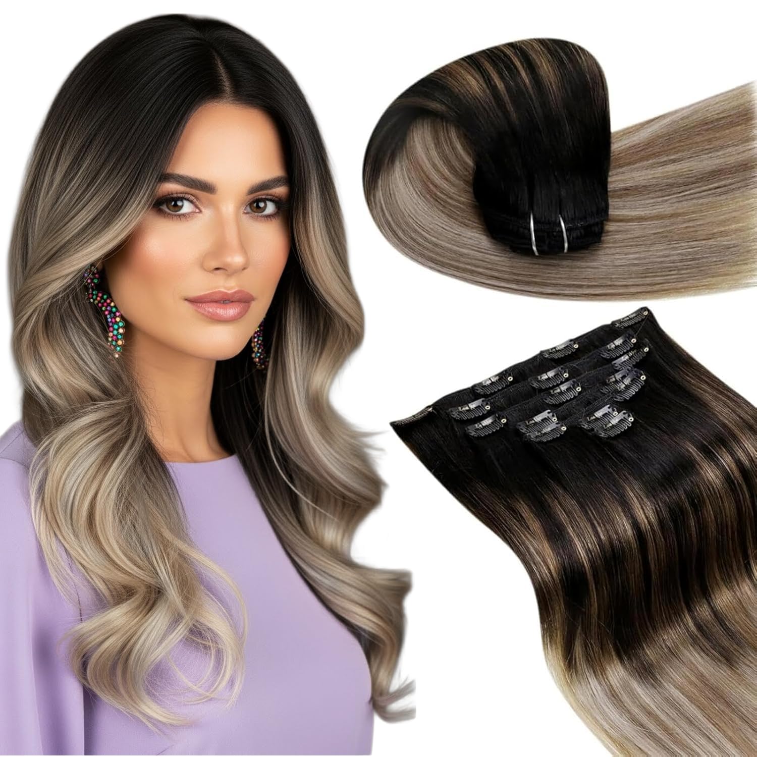 LaaVoo Clip in Hair Extensions Real Human Hair Black Hair Extensions Clip in 16 Inch 120g 7pcs Full Head Straight Balayage Light Brown & Blonde Remy Hair Double Weft #1b/8/22 — image 1