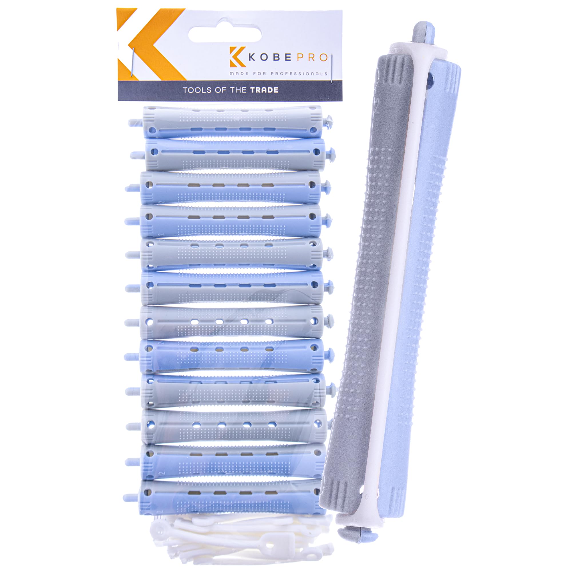 Kobe Professional Hairdressing Perm Rods with Rubbers - Non-Slip, Curling Tools for Wet/Dry Hair, Durable & Reusable - Ideal for Salons & Home Use - Grey/Blue 13 mm