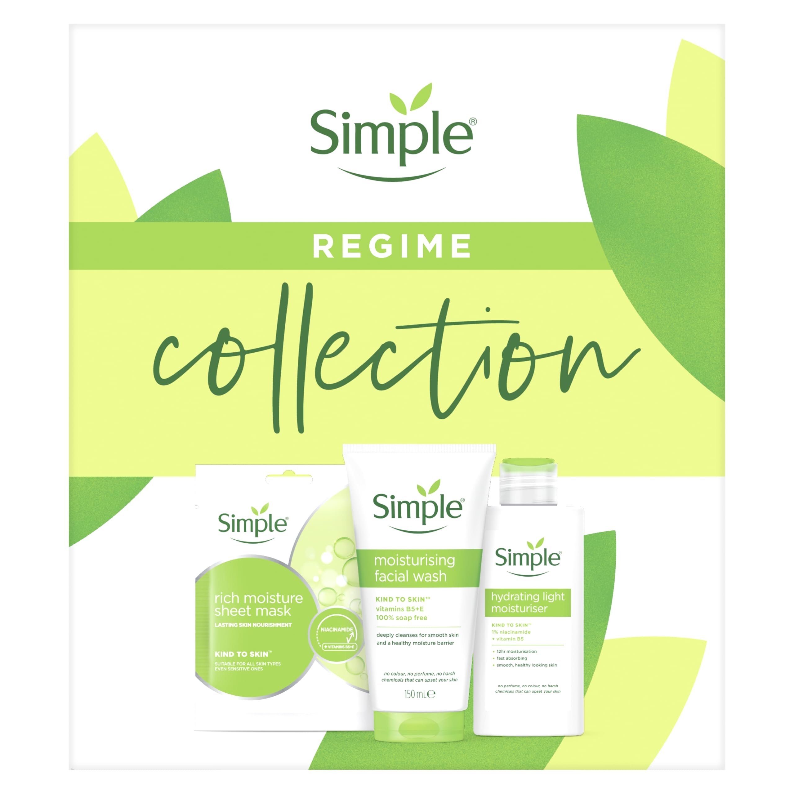 Simple Kind to Skin Regime 3 piece Gift Set with Face Wash, Sheet Mask & Moisturiser Perfect for Any Occasion