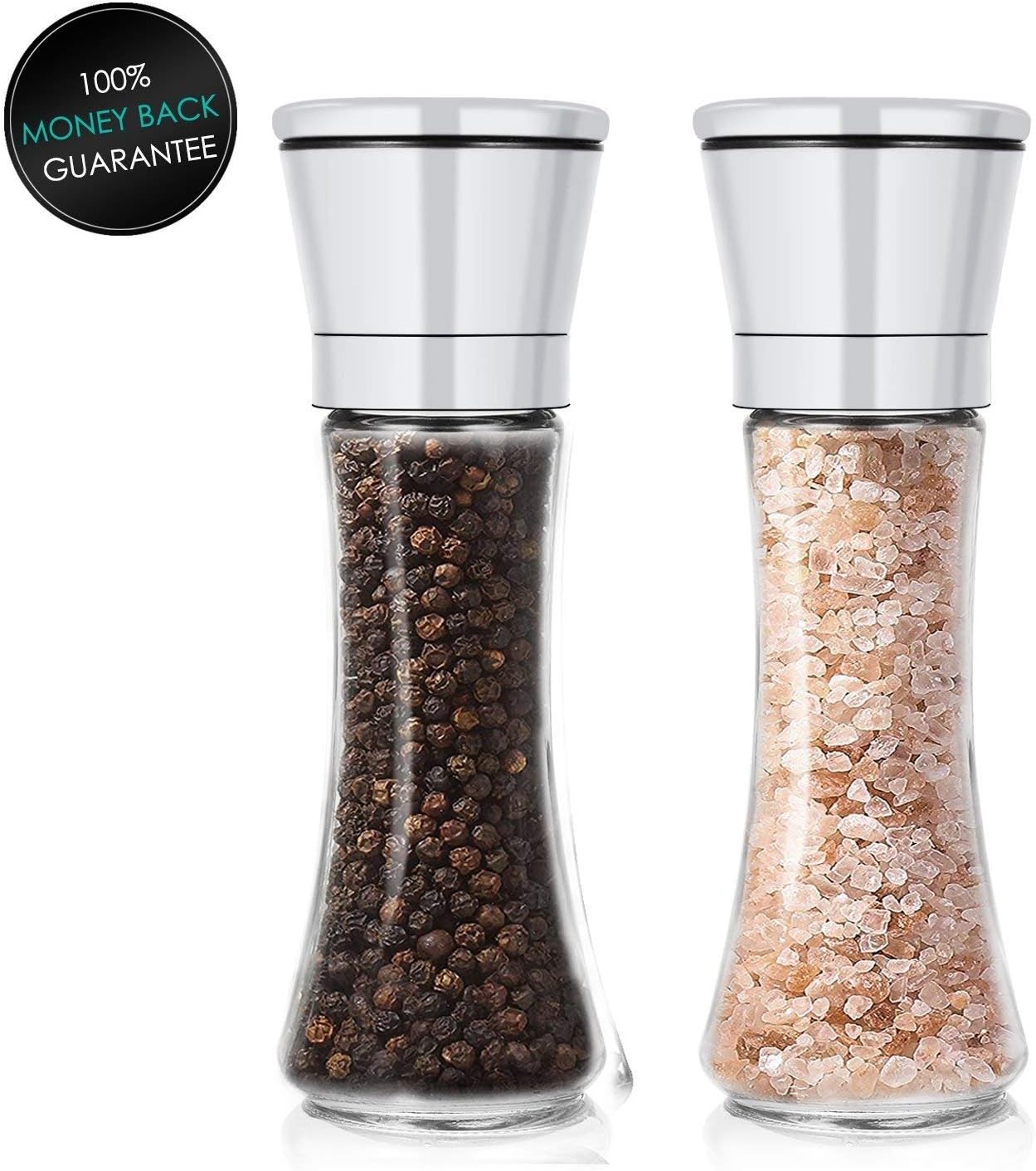 Salt and Pepper Grinder, Pack of 2 Coarseness Adjustable Pepper Mill - Stainless Steel Salt and Pepper Shakers with High Premium Glass Bottle Solid Ceramic Rotor