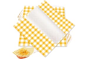 Yuyouqu 200 Sheets Yellow Checkered Deli Paper Sheets 7x7 Inch Disposable Pre Cut Wax Paper Sheets Grease Proof Food Trays Liners Paper Grease Resistant Sandwich Wrapping Paper