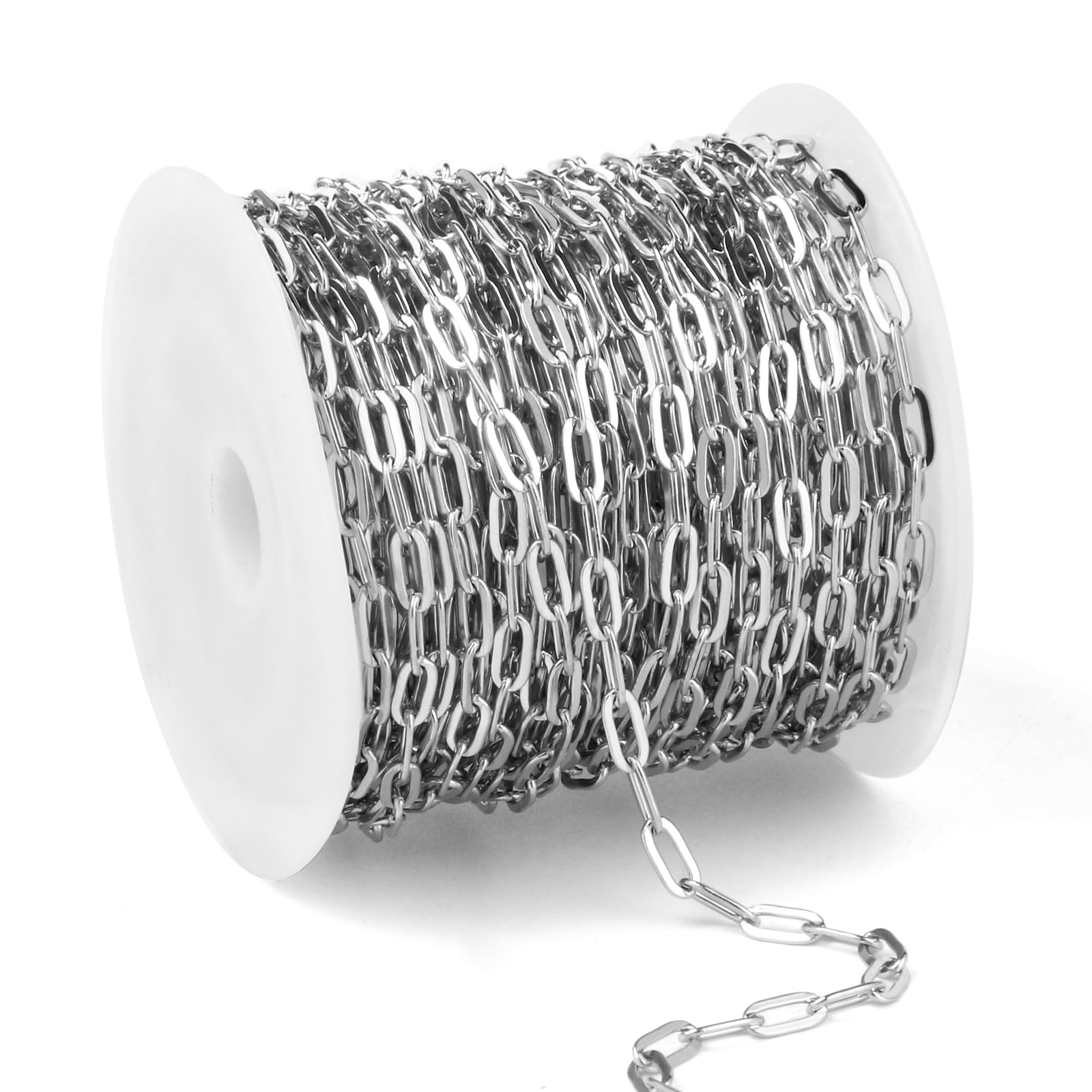 Photo 1 of [33 Ft] Stainless Steel Paperclip Chains Roll, 3.3 * 7mm Width 304 Stainless Steel Oval Link Chains Spool Bulk for Jewelry Making