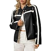 Tankaneo Womens Faux Leather Bomber Jackets Zip Up Color Block Moto Biker Jacket Casual Vintage Y2K Racing Coat