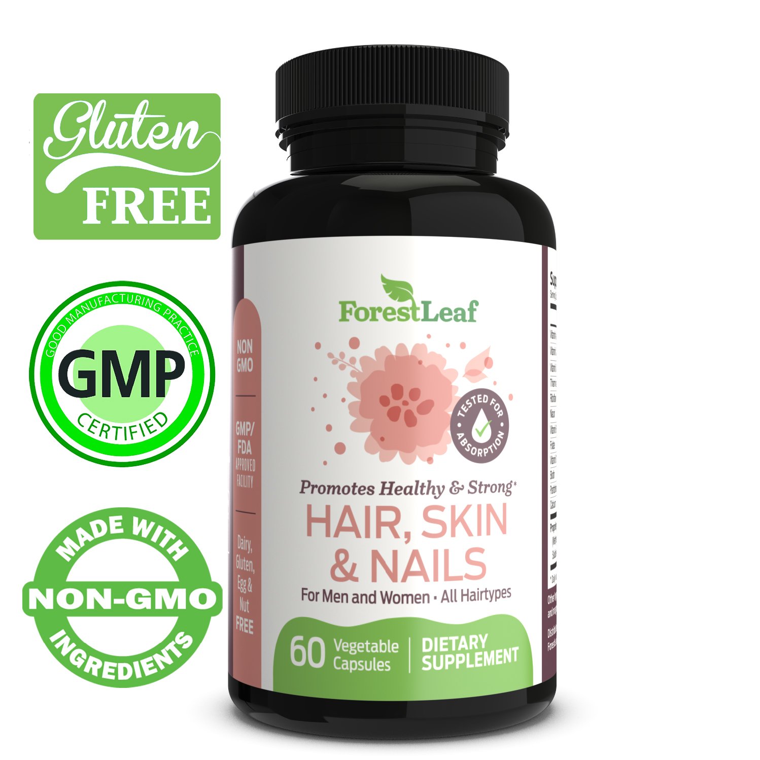 Hair Skin and Nails Supplement For Men and Women - All Natural Biotin, Keratin, Bamboo Regrowth Formula For All Hair Types - 60 Vegetarian Capsules – By Forestleaf