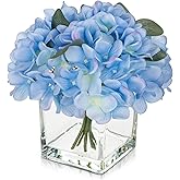DILATATA Artificial Hydrangea, Peony & Rose Silk Flowers with Vase - Blue, 7" H x 4" W x 4" D, Modern Realistic Style, 1 Count, Home Decor