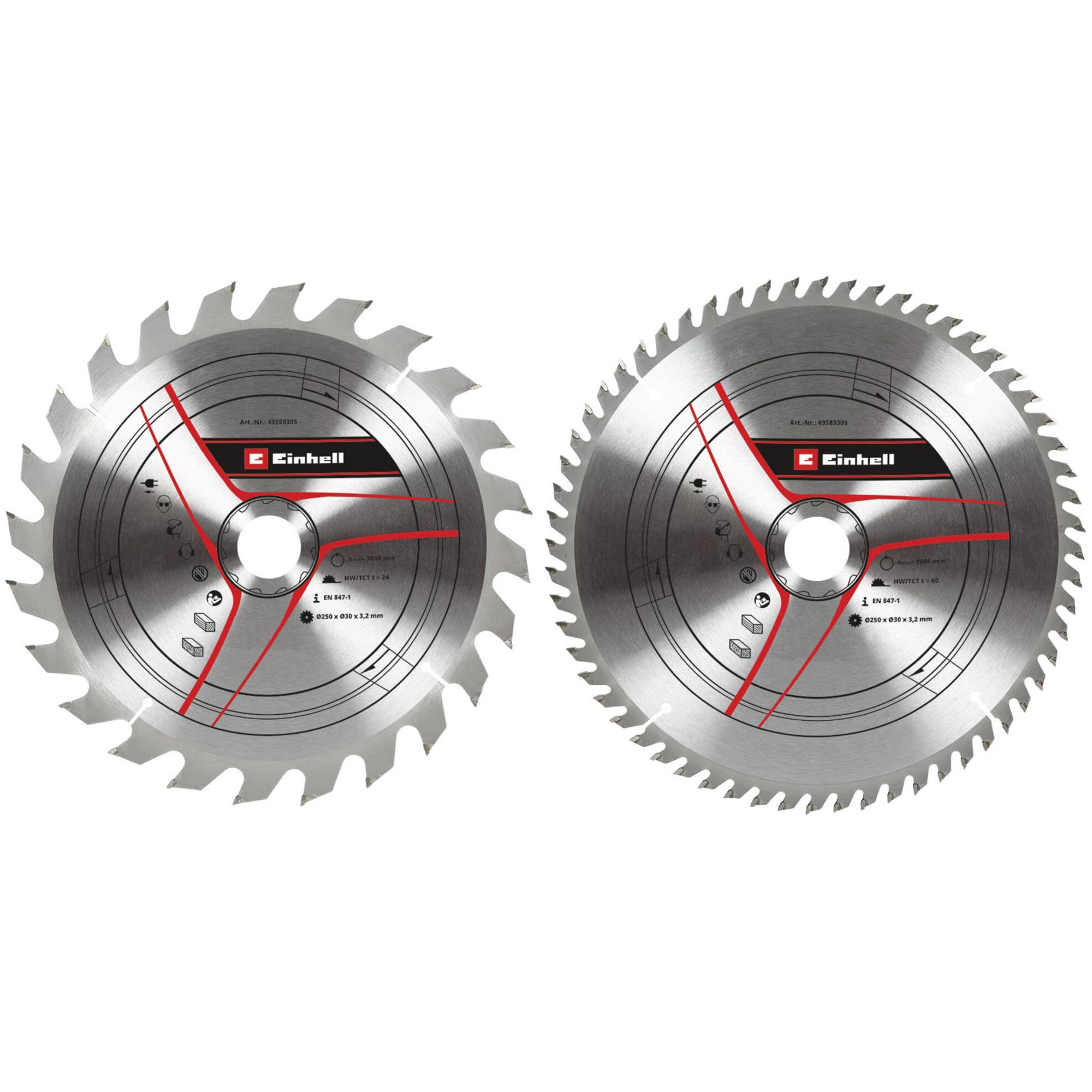 kwb by Einhell Circular Saw Blade Set 2 Pieces 250 x 30 mm Stat. Saw Accessories (2 x HM Saw Blades, Diameter 250 x 30 mm, Max. 7600 min-1, 60 Teeth Suitable for Einhell Table Saws and Mitre Saws)
