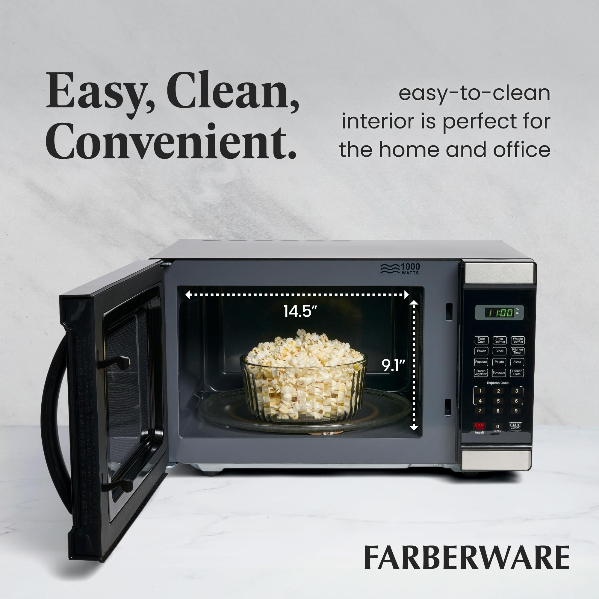 Farberware Countertop Microwave 1000 Watts, 1.1 Cu. Ft. - Microwave Oven With LED Lighting and Child Lock - Perfect for Apartments and Dorms - Easy Clean Stainless Steel