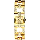 JewelryWe Women's Luxury Square Watch: Elegant Small Bar-Shaped Markers Analog Quartz Watches Bling Full Rhinestone Wristwatch Gold Strap with Gold Dial for Valentine's Day