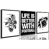 3Pcs American football wall art Black and White Rugby Wall Decor pictures Inspirational Painting Artwork Sports Poster Prints for Boys Room Locker Room Dorm Living Room Home Decoration