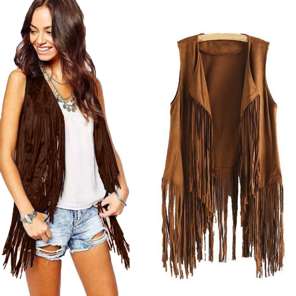 Women Faux Suede Ethnic Sleeveless Tassels Fringed Vest Open Front Kimono Cardigan (Khaki, XL)