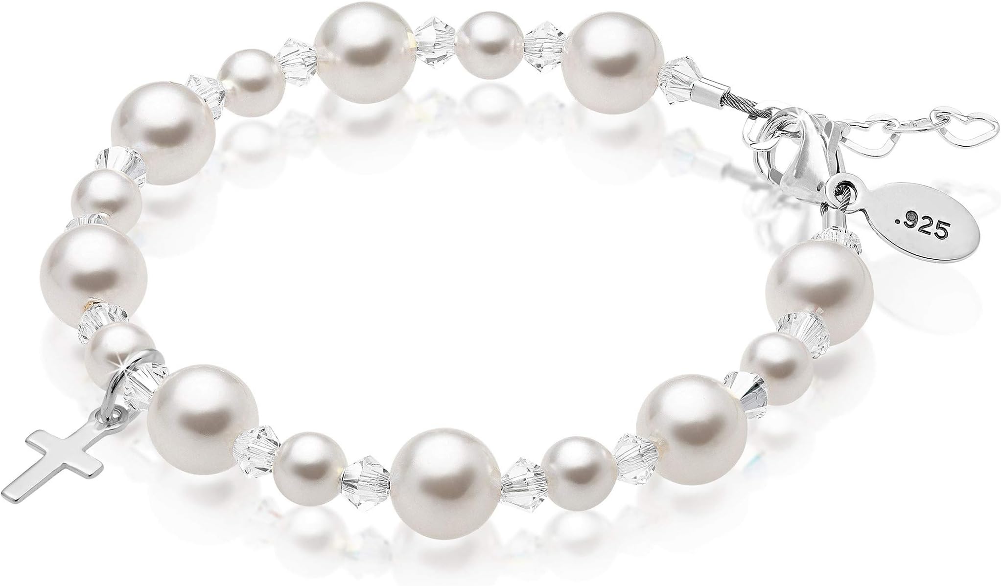 Baby Crystals Keepsake Delicate Sterling Silver Infant for Baby Girls Charm Bracelet with White Swarovski Simulated Pearls & Clear Crystals – Small (3-18 Months)