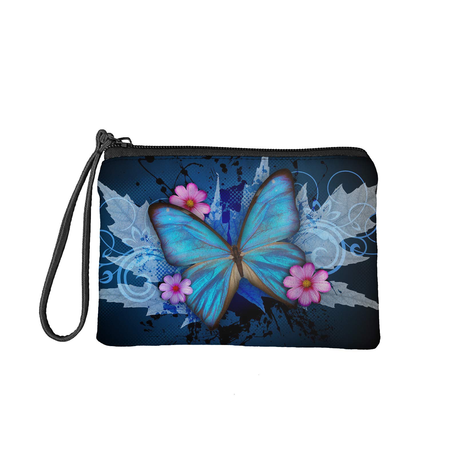 NETILGEN Womens Wallet Zip with Butterfly Print Makeup Brush Belt Bag Blue Beauty Butterfly for Travel,Mini Cosmetic Bag Credit Card Holder with Strap,Soft Women Organizer Pouch Portable Clutch
