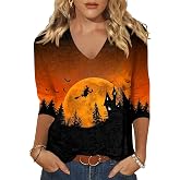 Woffccrd Womens 3/4 Sleeve V Neck Halloween T Shirts Plaid Pumpkin Shirts Thanksgiving Autumn Graphic Tee Tops